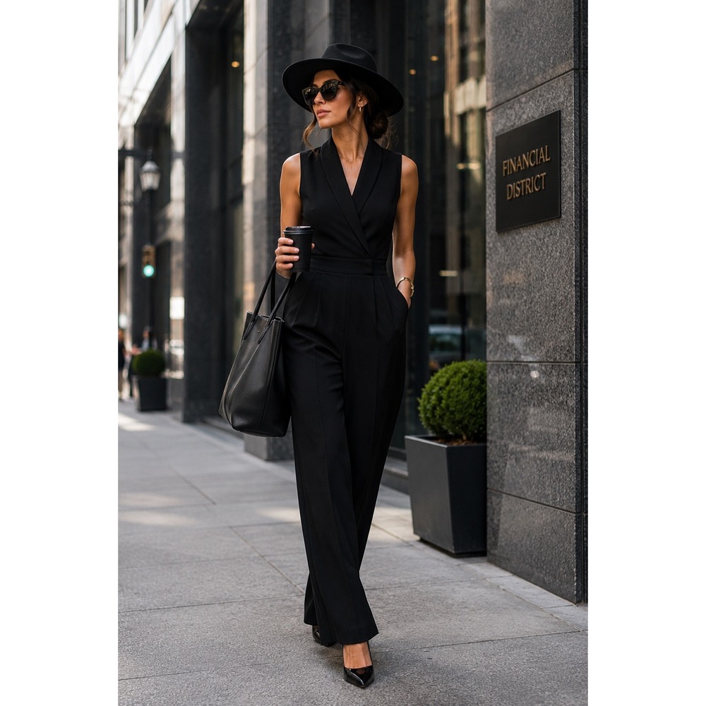 HM Black Sleeveless‎ Shawl Collar Jumpsuit with Pockets and Waist Tie Size 4